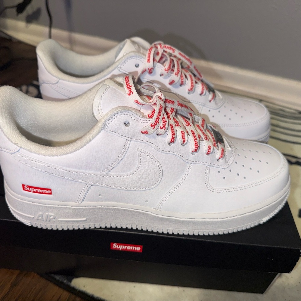 Supreme White and Red Nike Air Force 1s in box sz 9.5